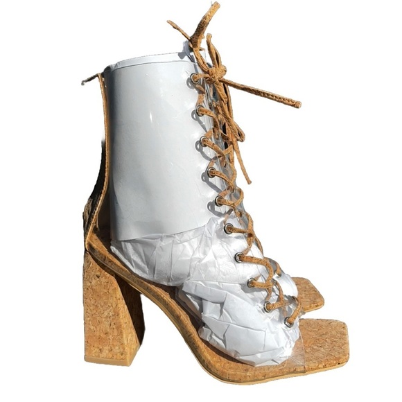 CAPE ROBBIN Dressy CLEAR Cork Square Peep Toe Ankle Block Lace Up BOOTIE Sz 6.5 - Picture 4 of 12